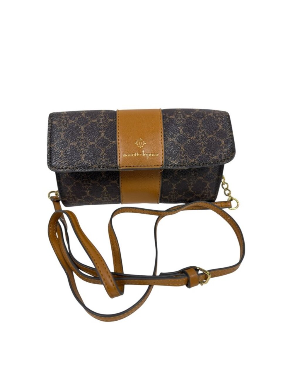 Nanette Lepore Monogram Crossbody Bag Brown Cognac Stripe Flap Wallet Purse